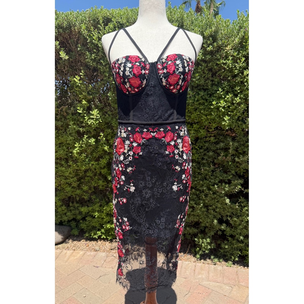 Bebe Maddie Embroidered Lace Bustier Midi Dress Red Floral Corset Sheath Size 8